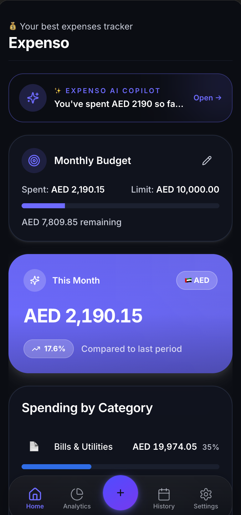 Expenso Home Screen showing balance and recent expenses